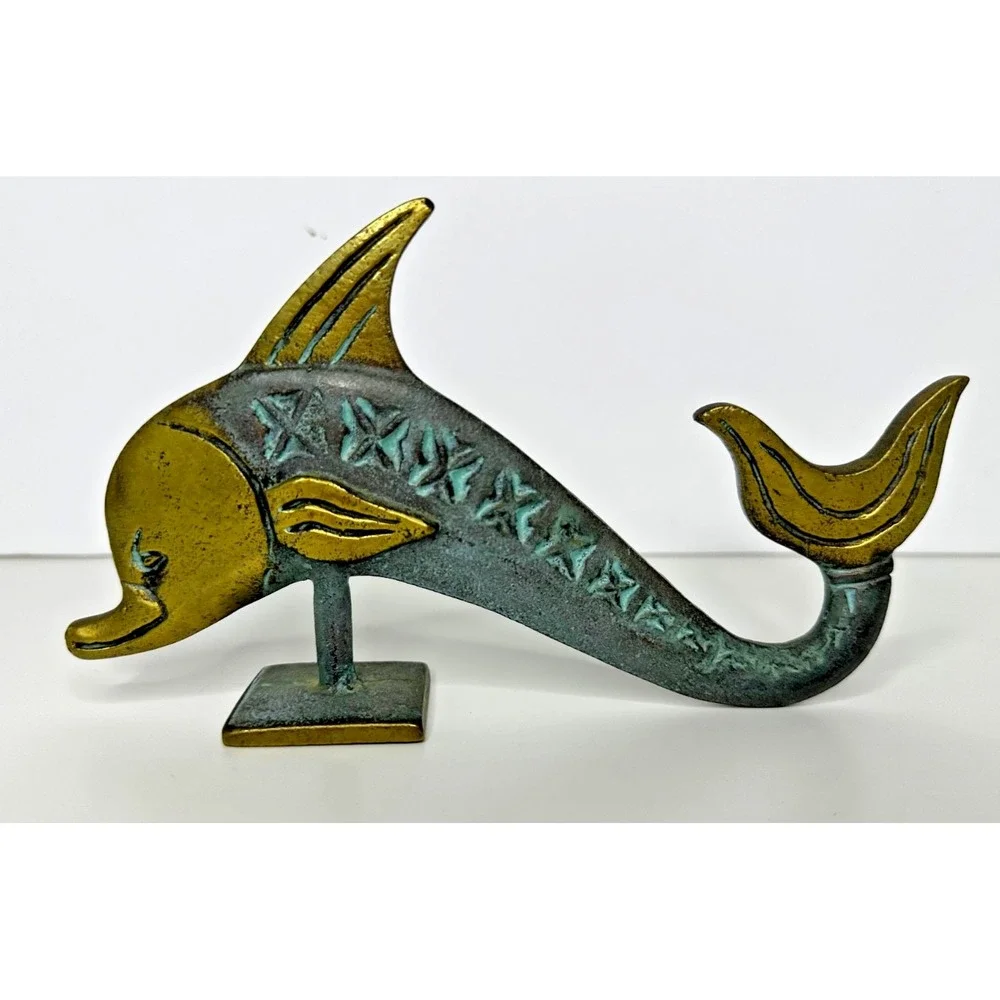 Brass Dolphin Figure Table Top Polished Patina textured Solid Marine Beach Coast